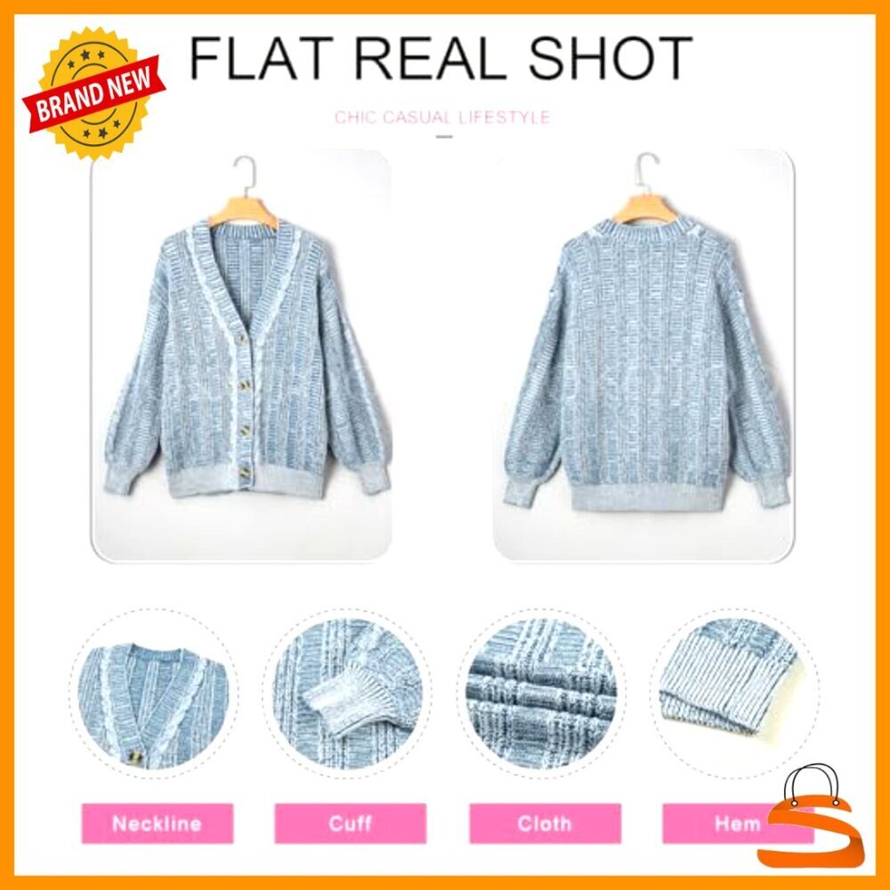 Chunky Knit Cardigan Sweater Long Sleeve V Neck Open Front Button Down - Picture 6 of 7